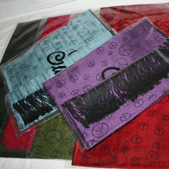 NWT Pashmina Silk Peace Sign Boho Scarf Shawl Wrap Teal Aqua Blue - Picture 2 of 3